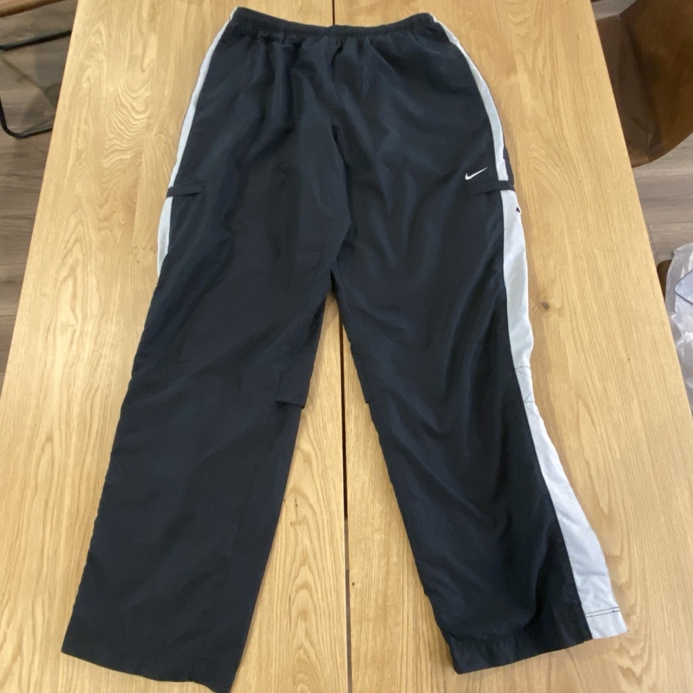 Vtg Nike Baggy Tech Open hem Pants Men's XL Black White Side striped Mesh lined*